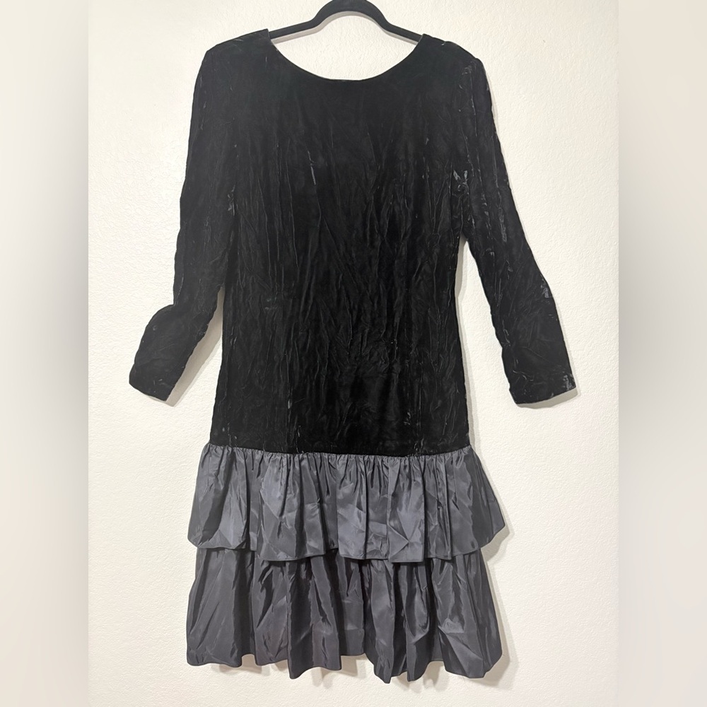 Elegant Black Vintage Union Made Crinkle Velvet Drop Waist w Taffeta Tiered Skir